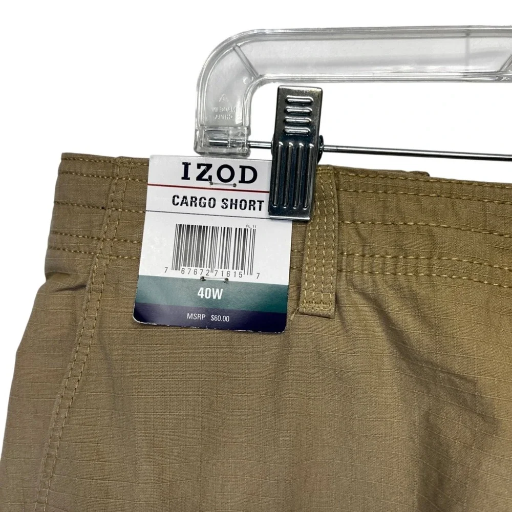 IZOD Saltwater‎ Mens Cargo Shorts Khaki Tan Ripstop Cotton 40W 45CS182 NEW